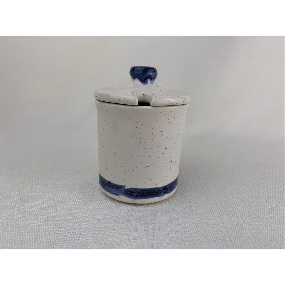Vintage McCoy Honey Pot Stoneware Honey Pot in Gray with Blue‎ Band Trim 1950s